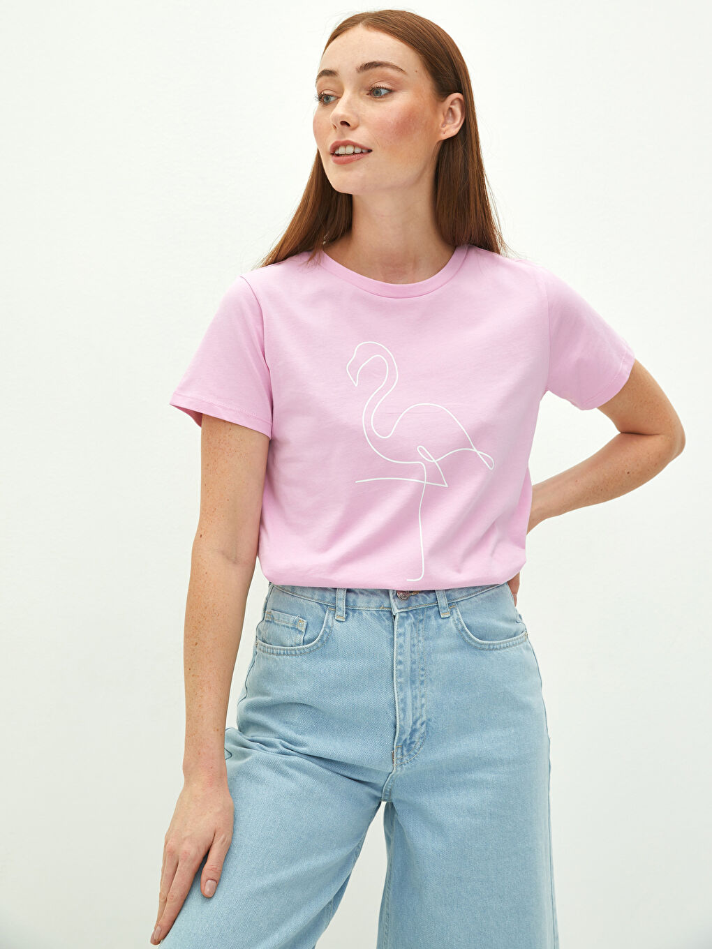 Lila Bisiklet Yaka Baskılı Kısa Kollu Pamuklu Kadın Tişört