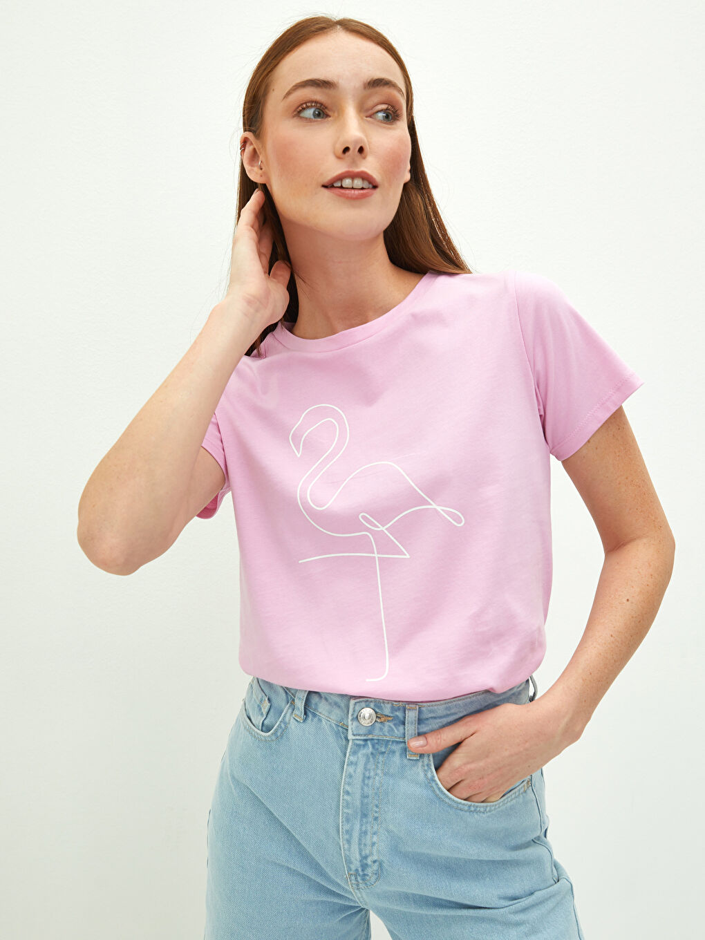 Lila Bisiklet Yaka Baskılı Kısa Kollu Pamuklu Kadın Tişört-1