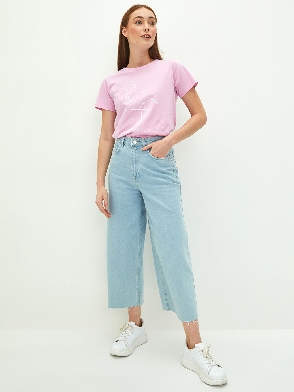 Lila Bisiklet Yaka Baskılı Kısa Kollu Pamuklu Kadın Tişört-2