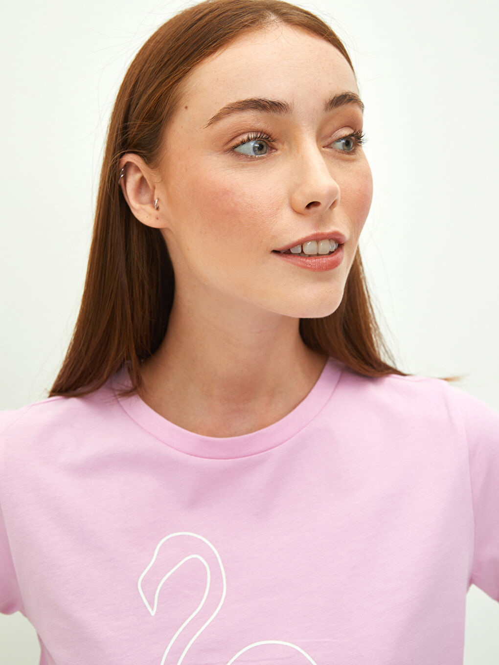 Lila Bisiklet Yaka Baskılı Kısa Kollu Pamuklu Kadın Tişört-3