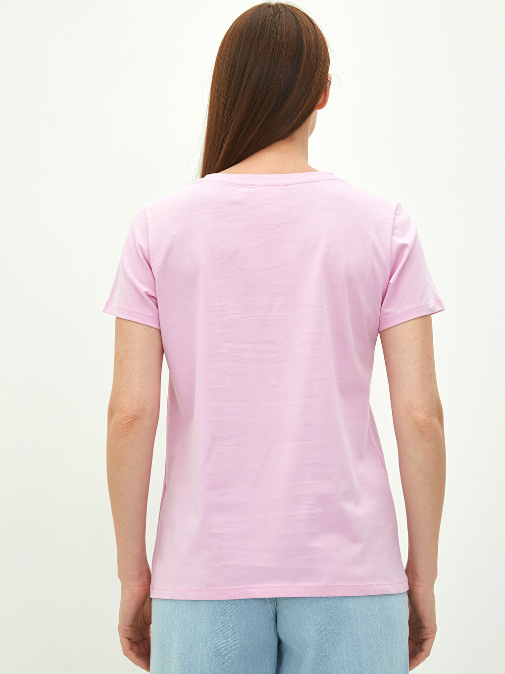 Lila Bisiklet Yaka Baskılı Kısa Kollu Pamuklu Kadın Tişört-4