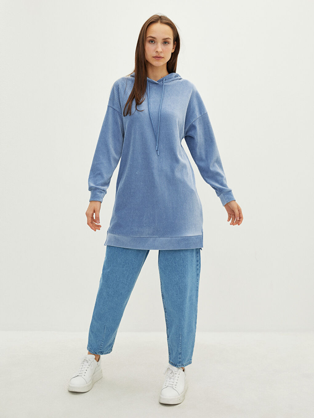 LCW مۆدێست تونیکی کڵاودار قۆڵ درێژ ڕاست مەخمەڵ بۆ ژنان -W1ID12Z8-JM6