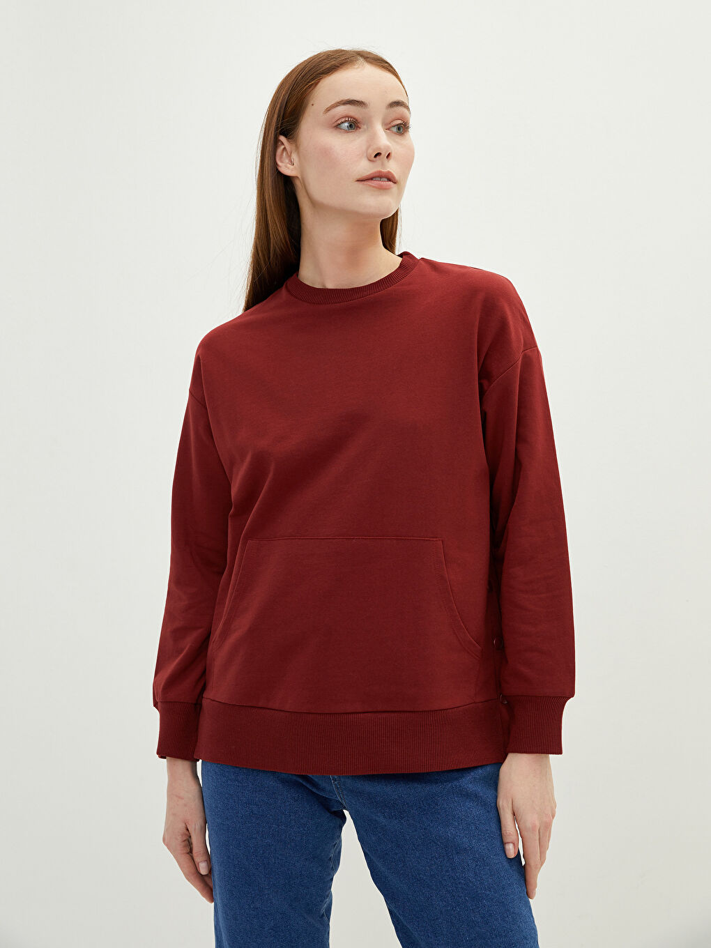 Bordo Bisiklet Yaka Düz Uzun Kollu Kadın Sweatshirt Tunik