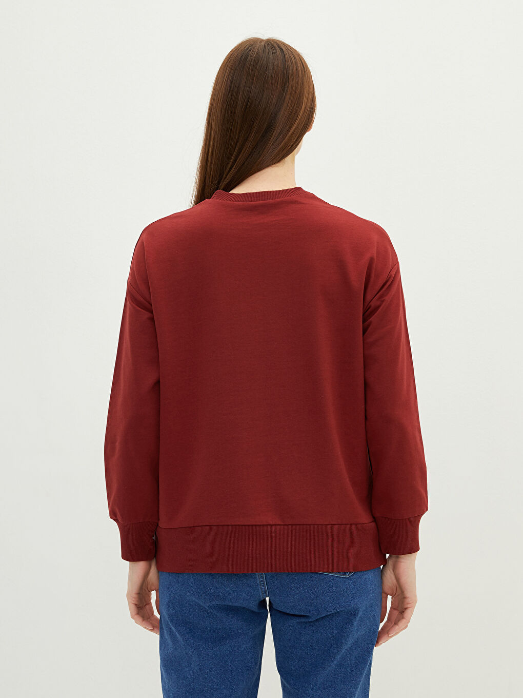 Bordo Bisiklet Yaka Düz Uzun Kollu Kadın Sweatshirt Tunik-3