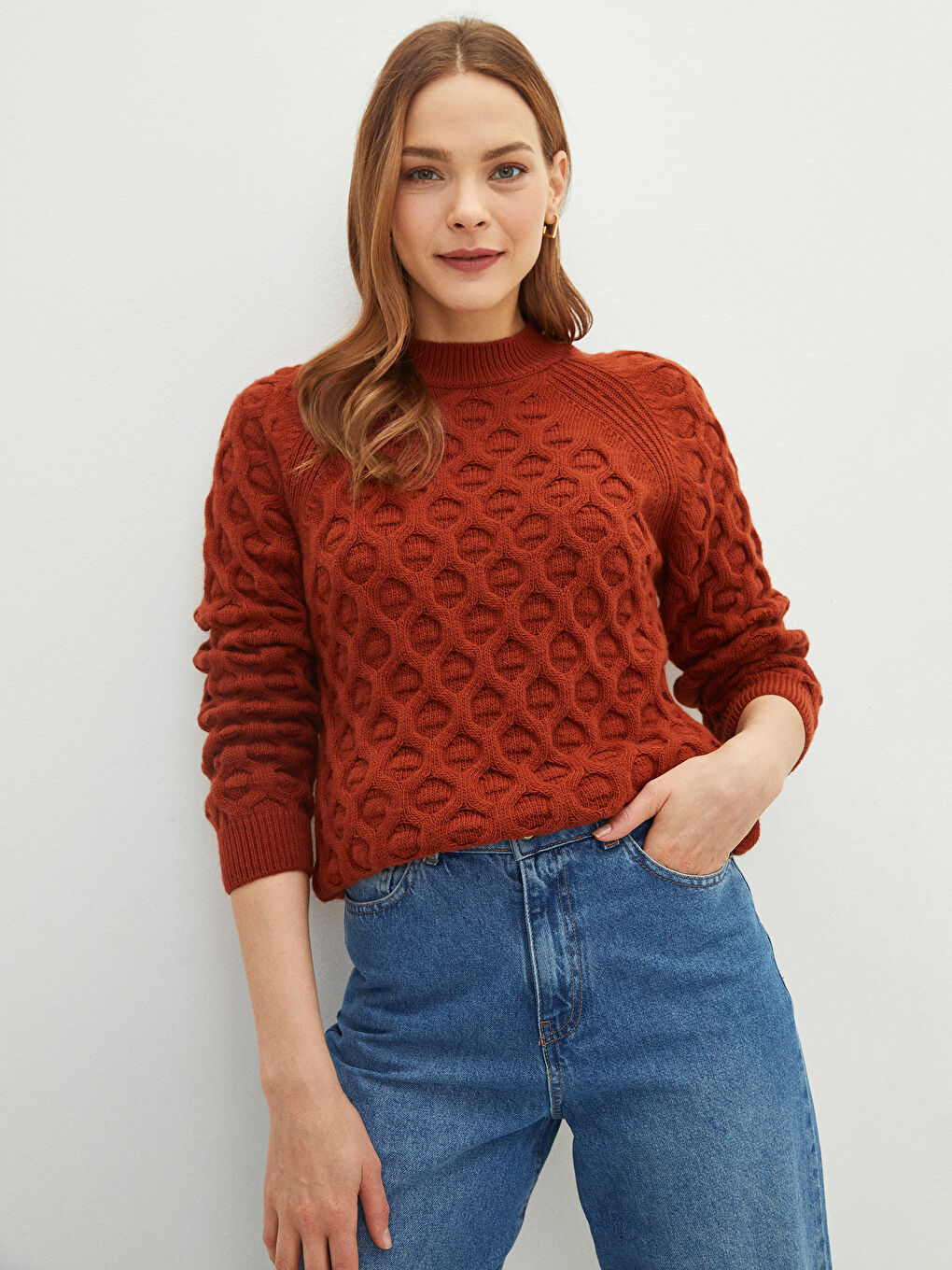 Crew Neck Self Patterned Long Sleeve Women's Knitwear Sweater