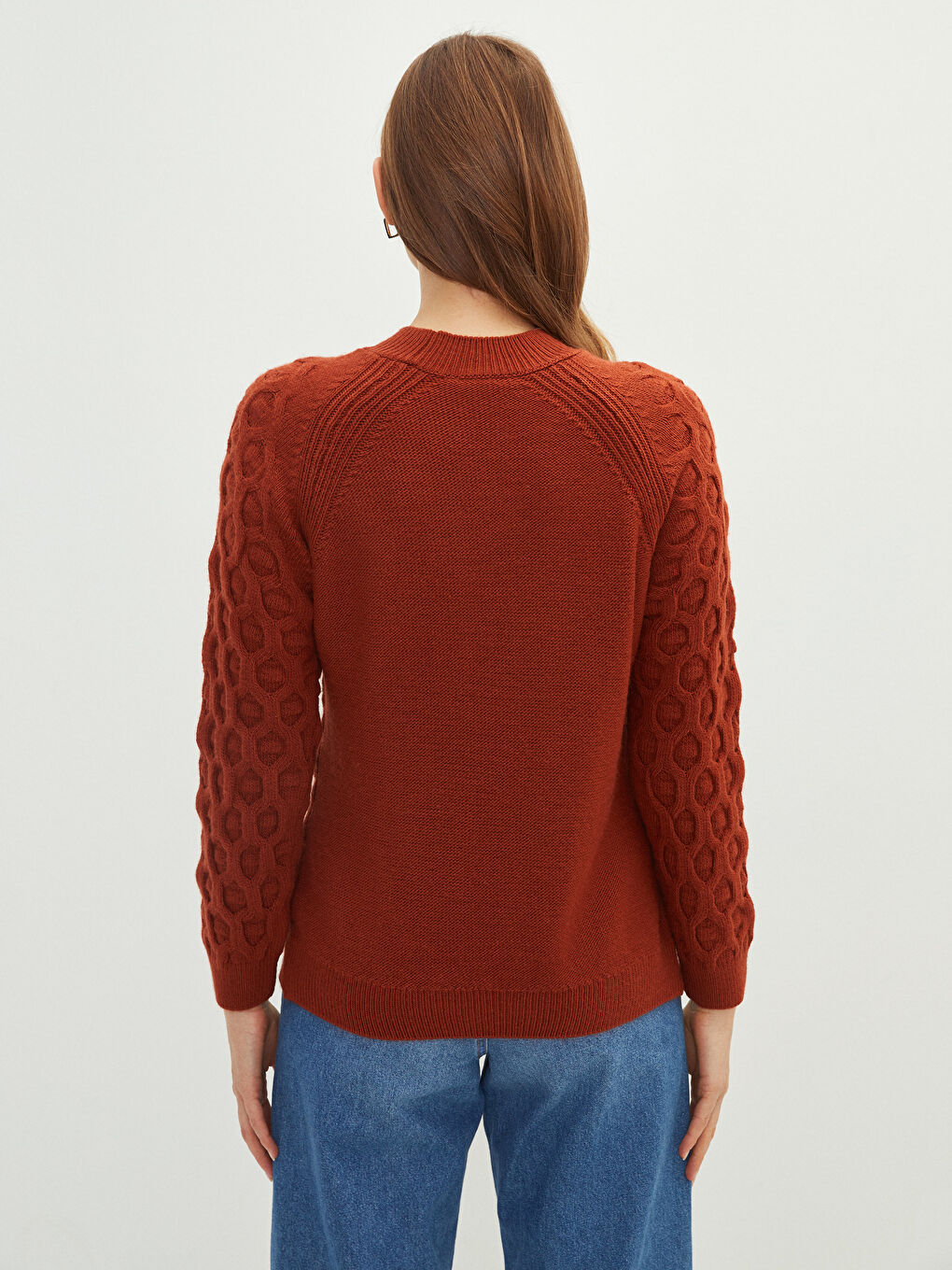Crew Neck Self Patterned Long Sleeve Women's Knitwear Sweater-4