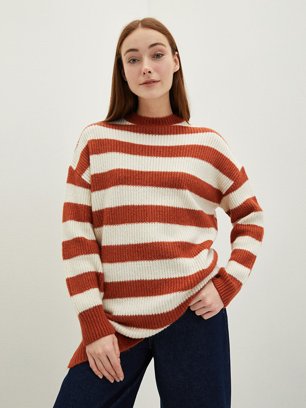 Crew Neck Striped Long Sleeve Women's Knitwear Tunic-1