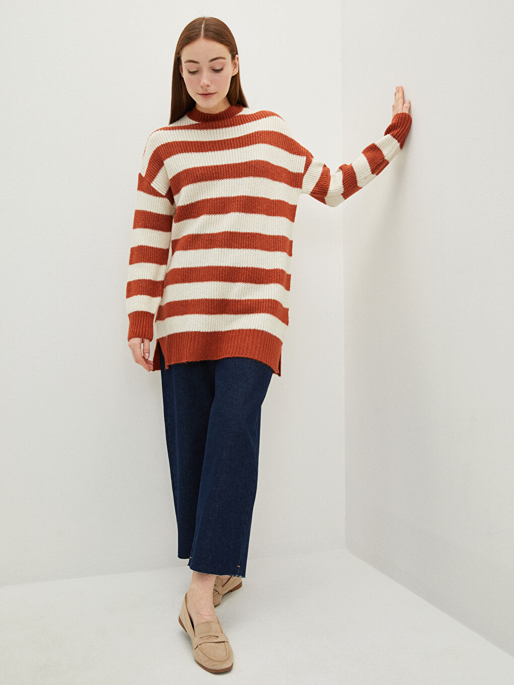 Crew Neck Striped Long Sleeve Women's Knitwear Tunic-3