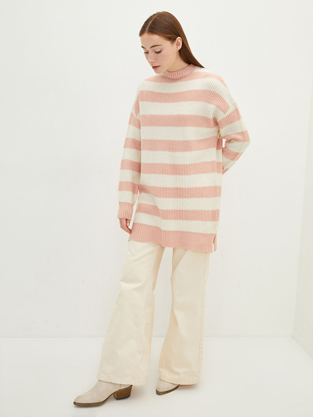 Crew Neck Striped Long Sleeve Women's Knitwear Tunic-1