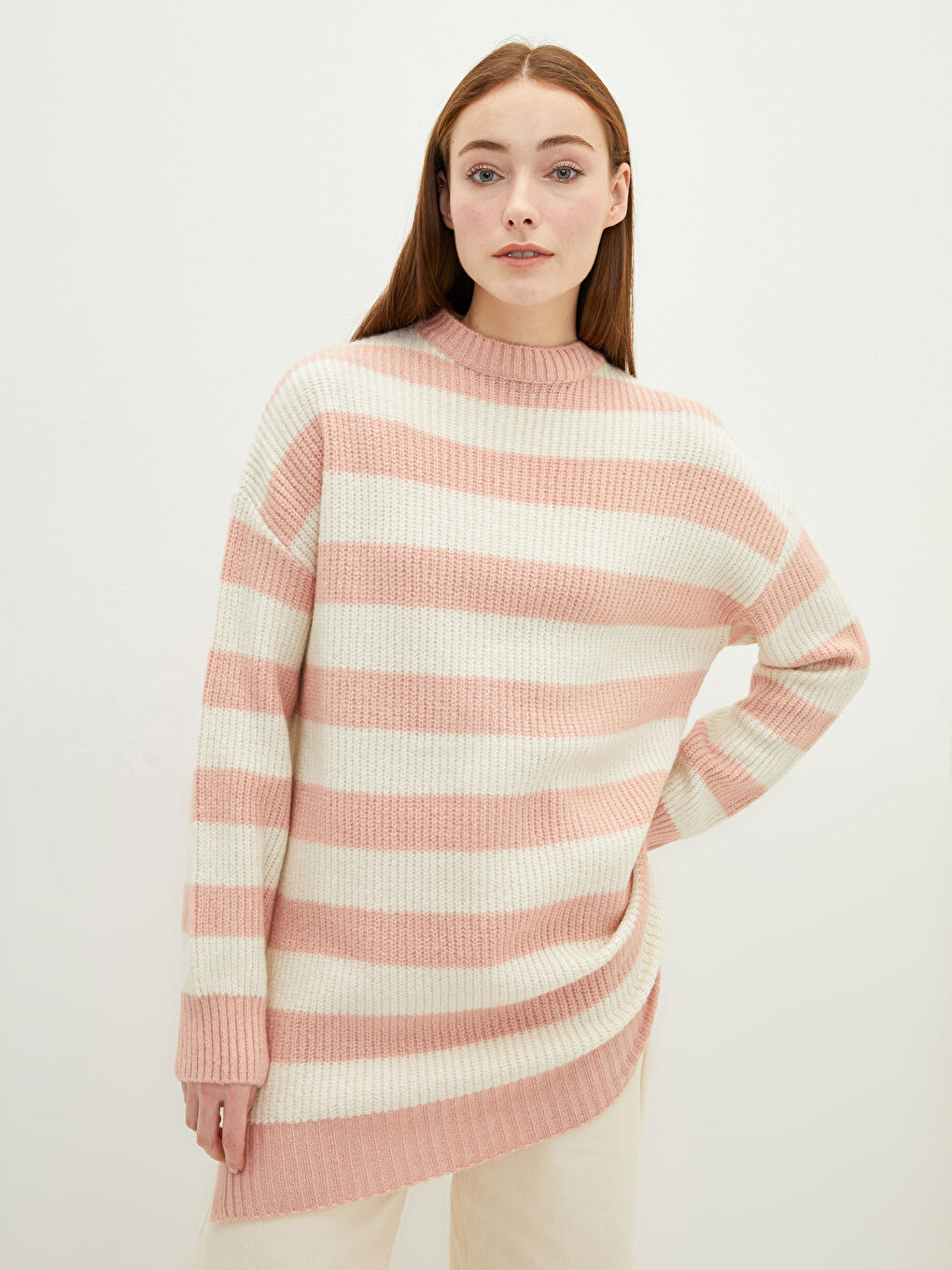 Crew Neck Striped Long Sleeve Women's Knitwear Tunic-2