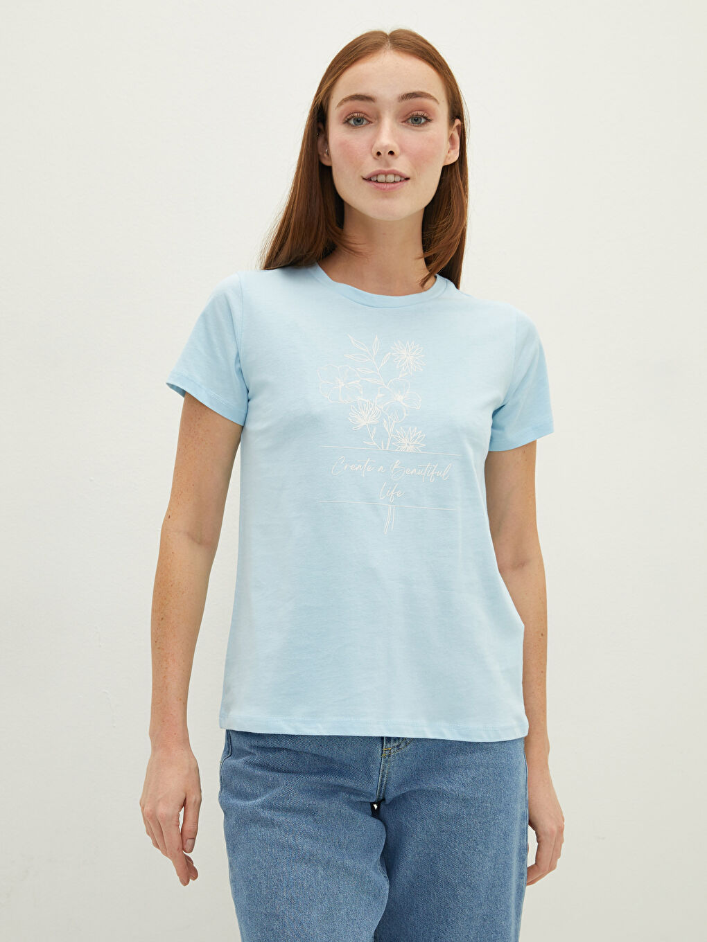 Mavi Bisiklet Yaka Baskılı Kısa Kollu Pamuklu Kadın Tişört