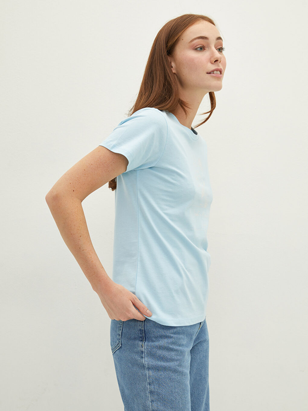 Mavi Bisiklet Yaka Baskılı Kısa Kollu Pamuklu Kadın Tişört-1