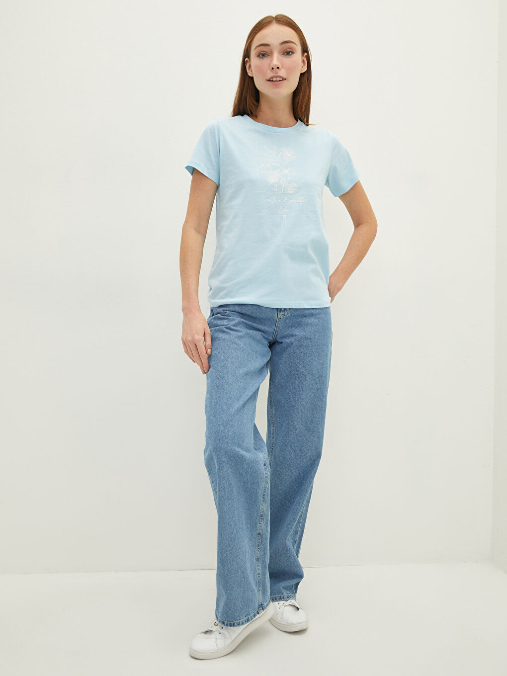 Mavi Bisiklet Yaka Baskılı Kısa Kollu Pamuklu Kadın Tişört-2