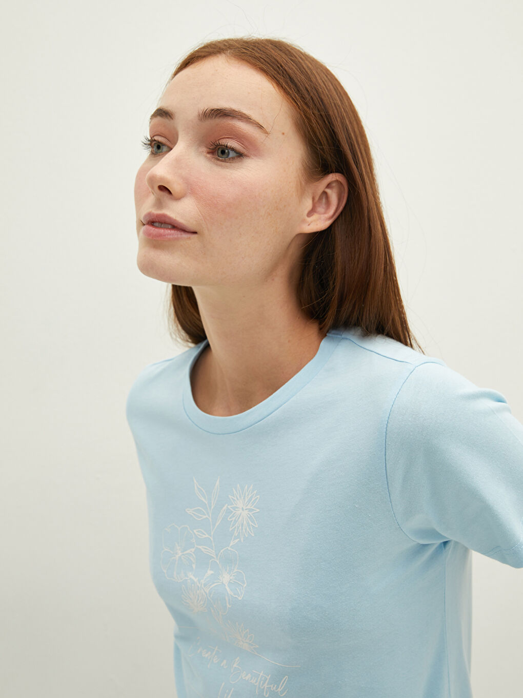 Mavi Bisiklet Yaka Baskılı Kısa Kollu Pamuklu Kadın Tişört-3