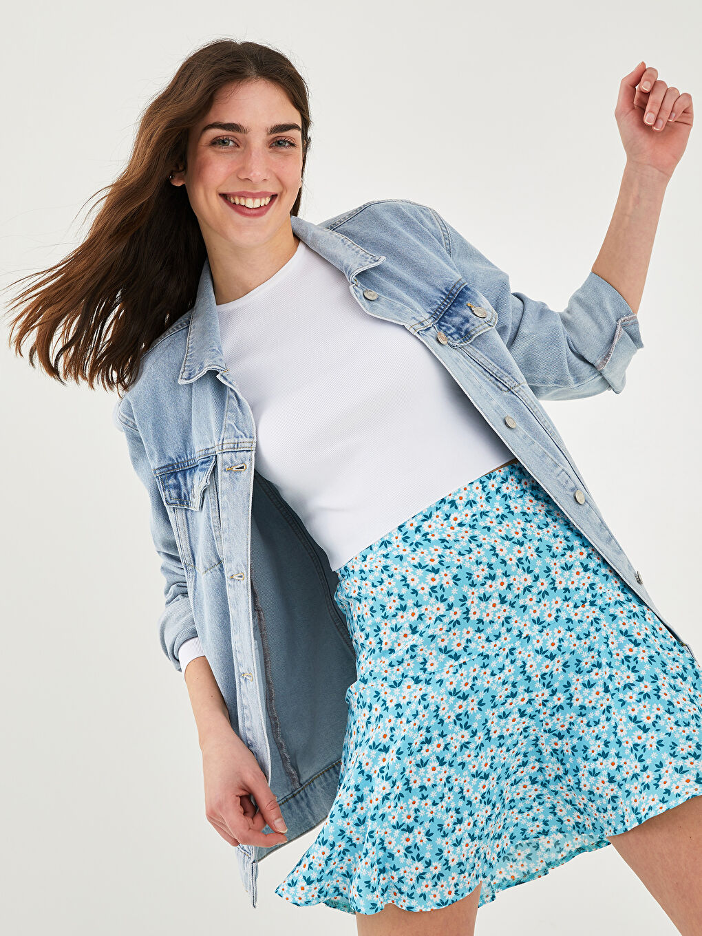 Turkuaz Beli Lastikli Çiçekli Viskon Kadın Şort Etek-1