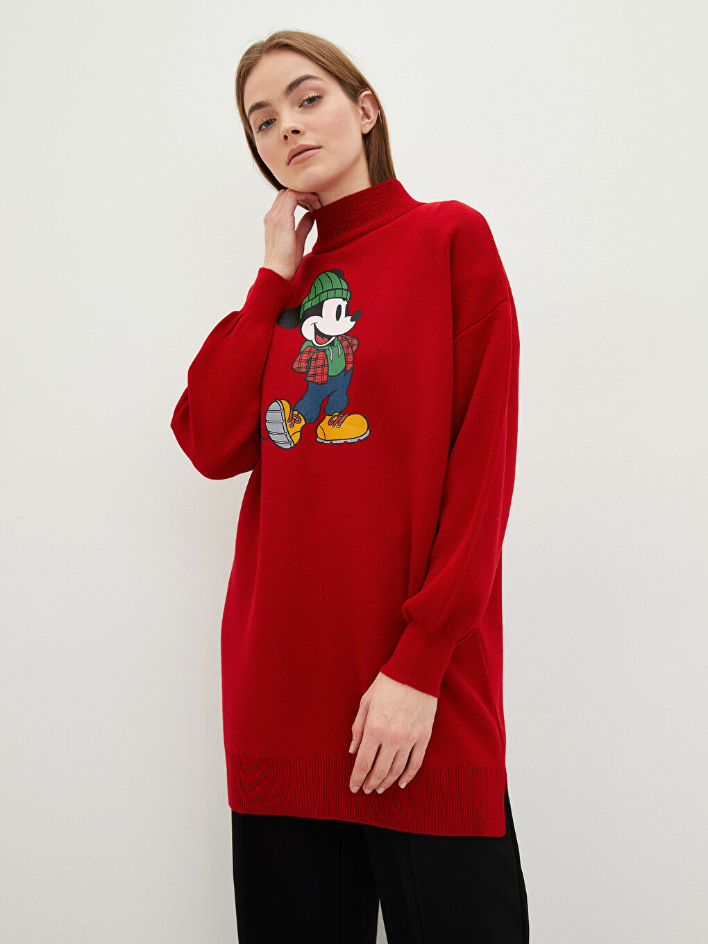 Half Turtleneck Mickey Mouse Printed Long Sleeve Women's Knitwear Tunic