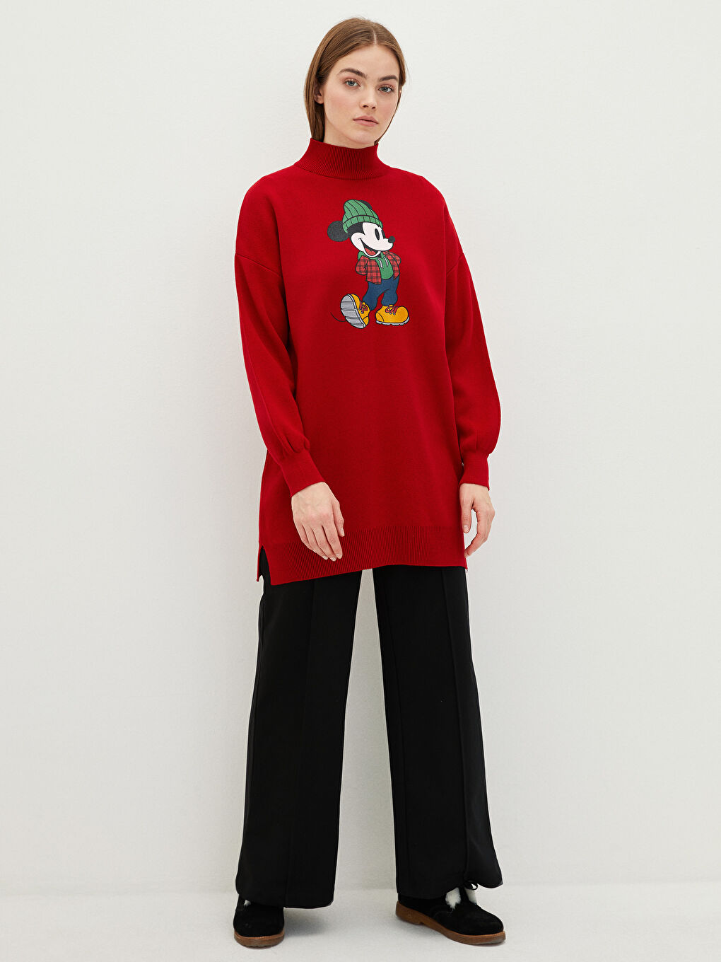 Half Turtleneck Mickey Mouse Printed Long Sleeve Women's Knitwear Tunic-2