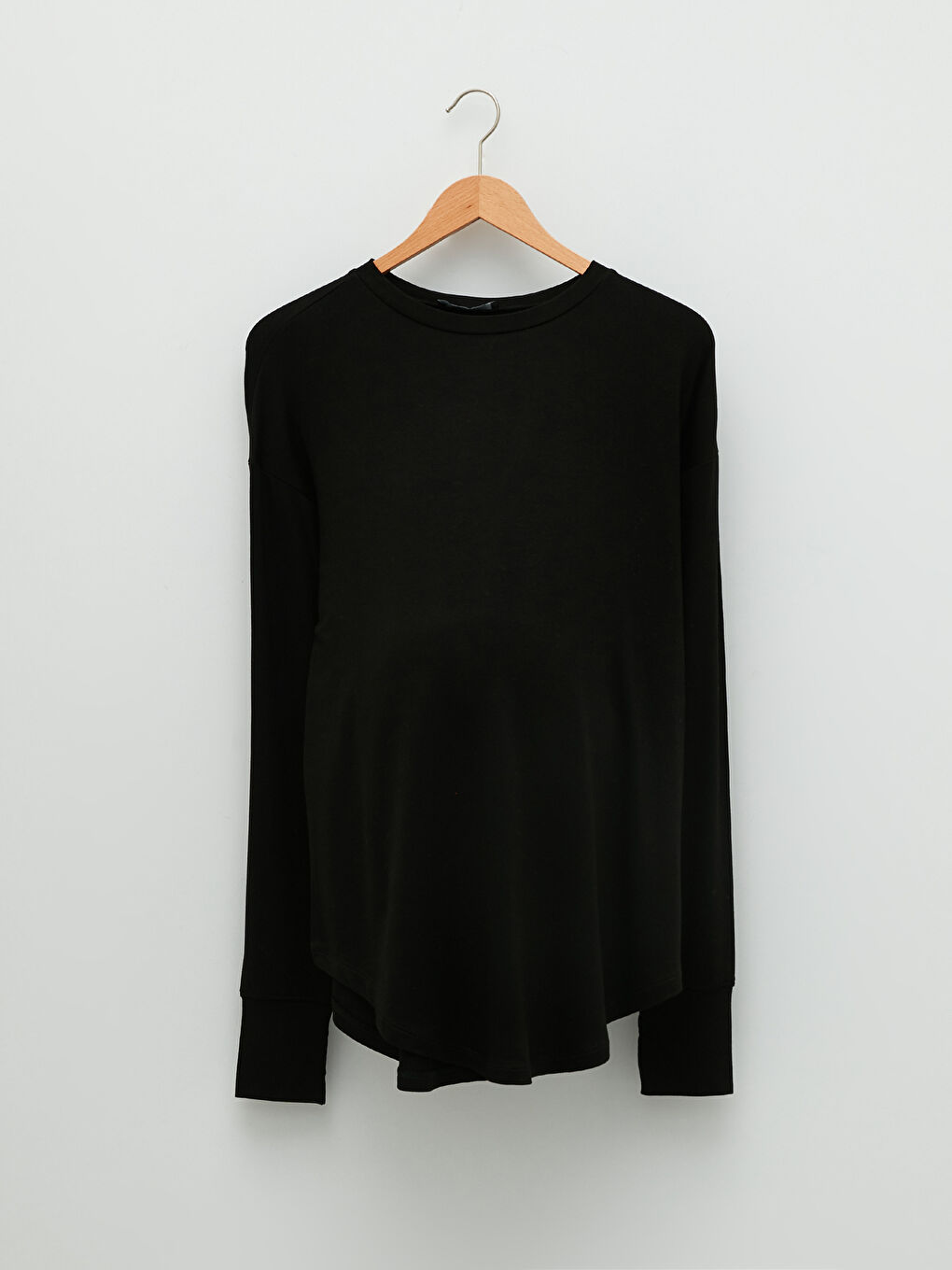 Siyah Bisiklet Yaka Düz Uzun Kollu Viskon Hamile Tişört-3