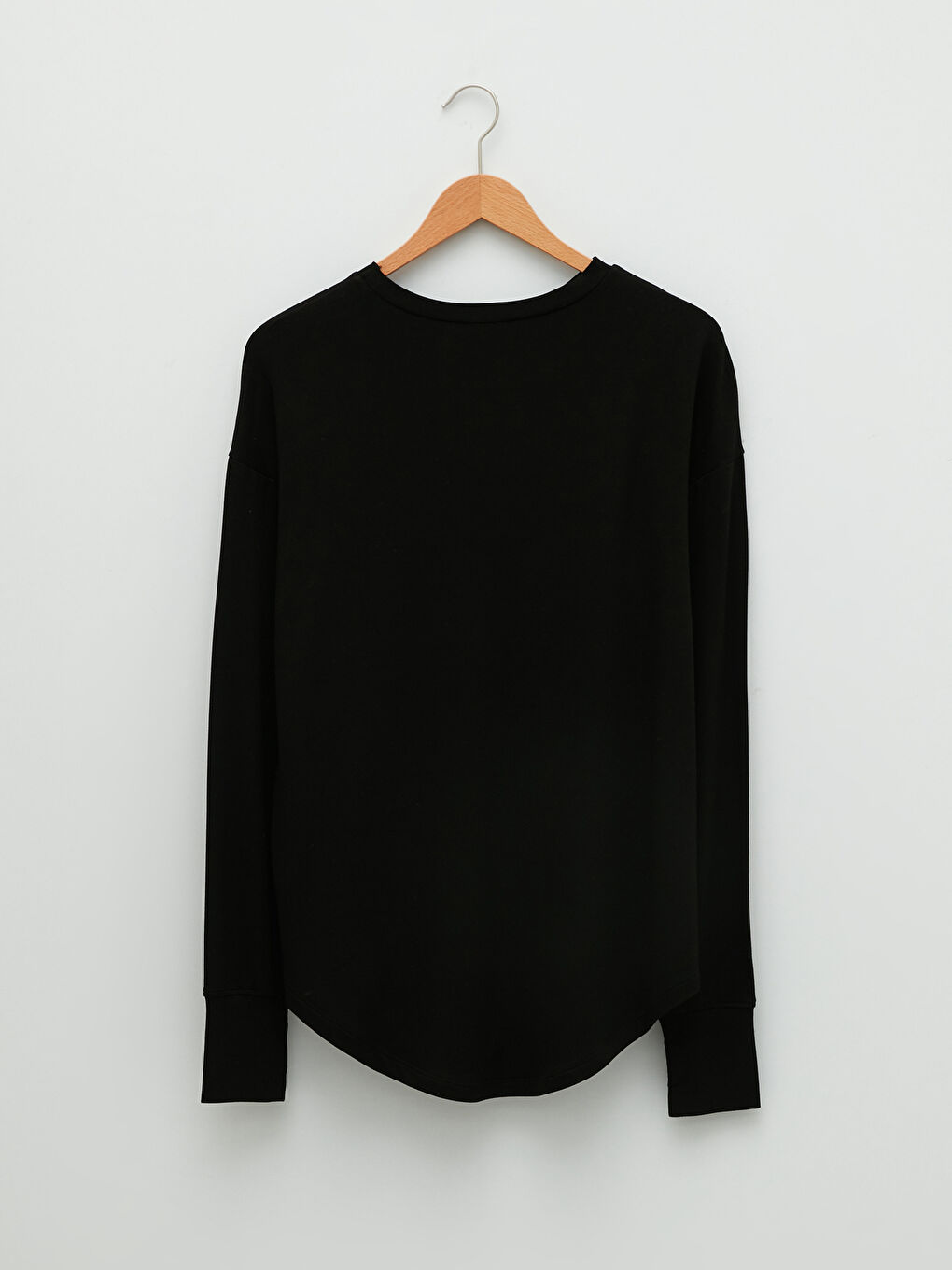 Siyah Bisiklet Yaka Düz Uzun Kollu Viskon Hamile Tişört-4