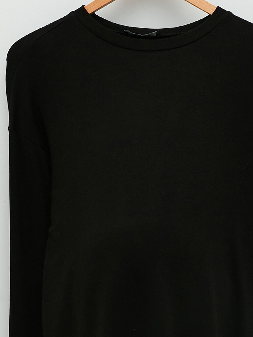 Siyah Bisiklet Yaka Düz Uzun Kollu Viskon Hamile Tişört-5