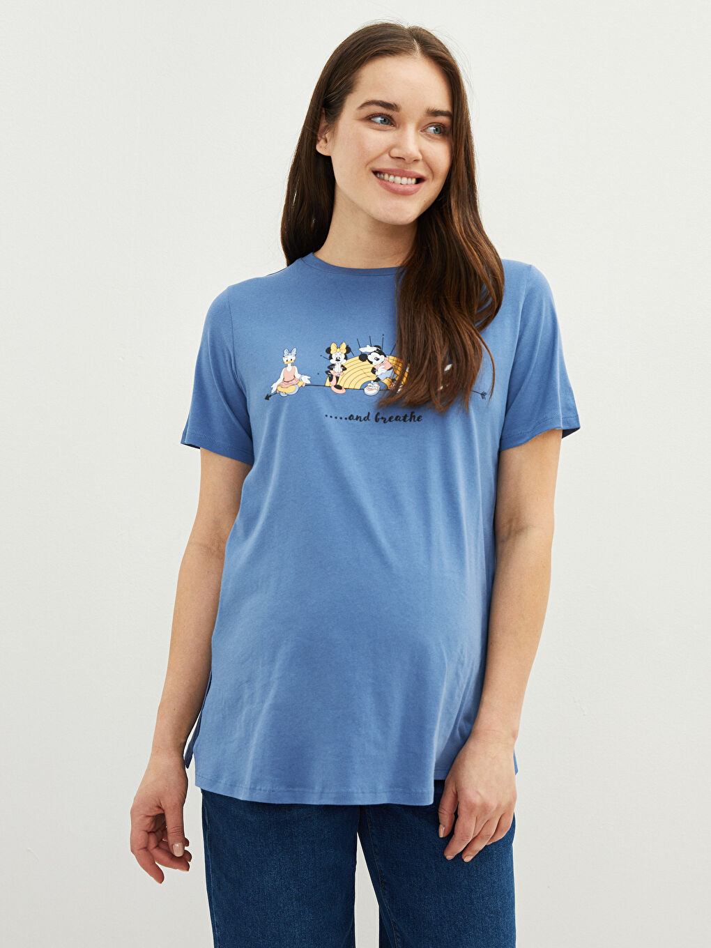 Mavi Bisiklet Yaka Mickey Mouse Baskılı Kısa Kollu Pamuklu Hamile Tişört-1