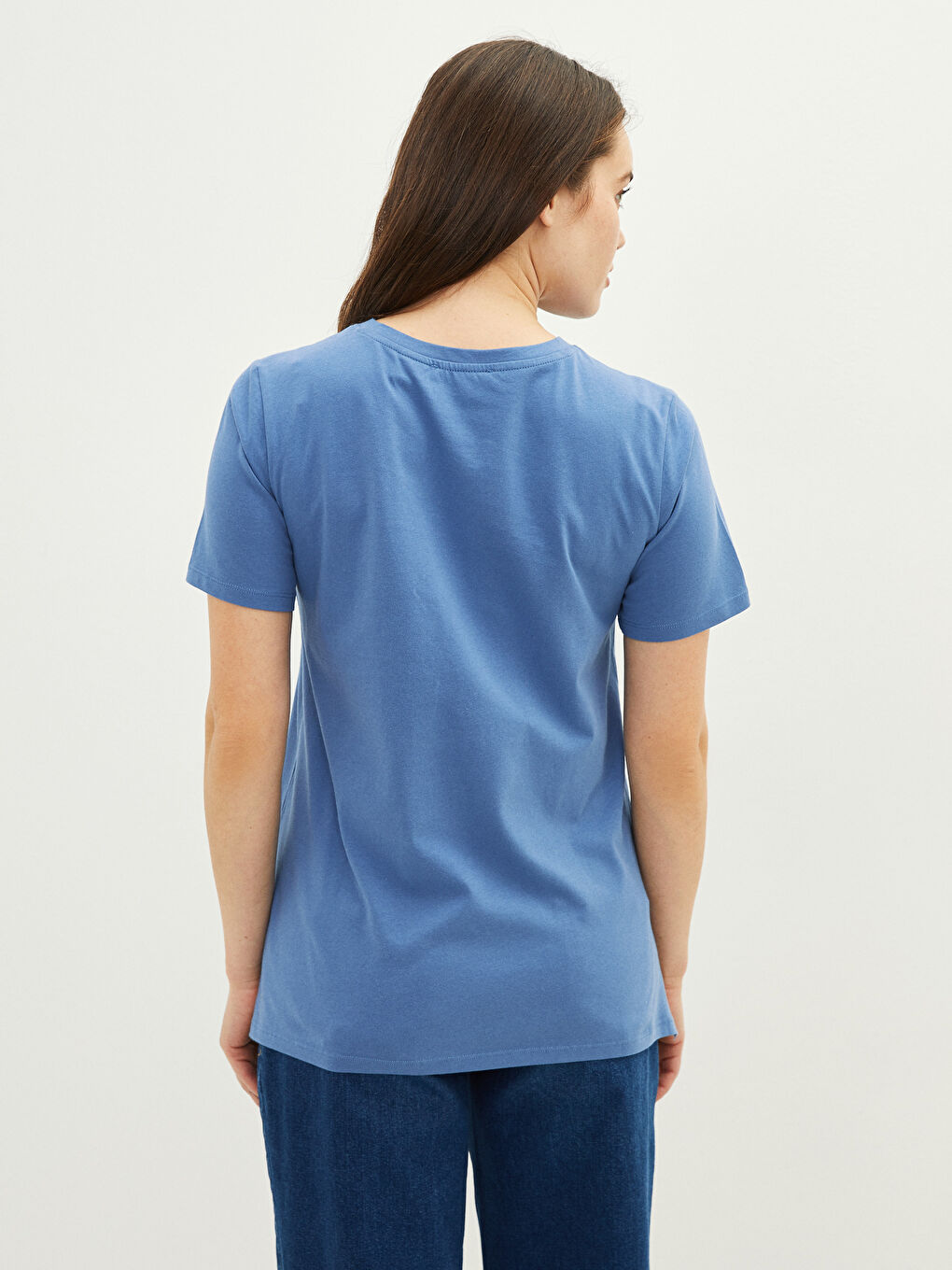 Mavi Bisiklet Yaka Mickey Mouse Baskılı Kısa Kollu Pamuklu Hamile Tişört-4