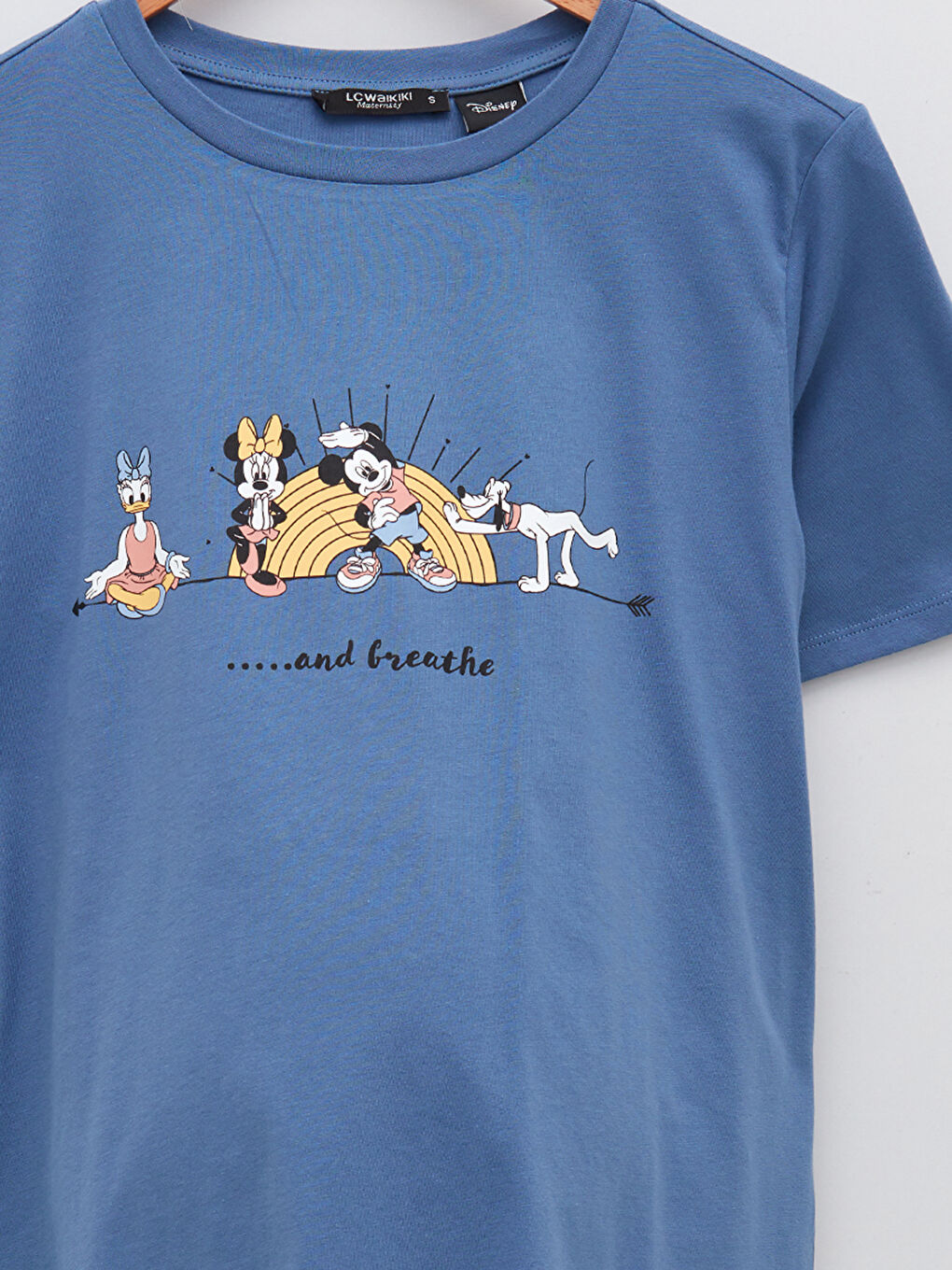 Mavi Bisiklet Yaka Mickey Mouse Baskılı Kısa Kollu Pamuklu Hamile Tişört-7