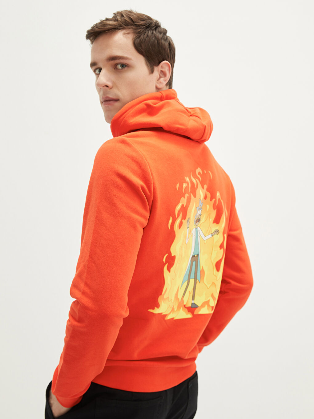 Turuncu Uzun Kollu Rick and Morty Baskılı Erkek Kalın Hoodie