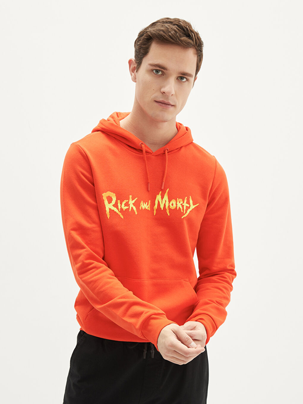 Turuncu Uzun Kollu Rick and Morty Baskılı Erkek Kalın Hoodie-1