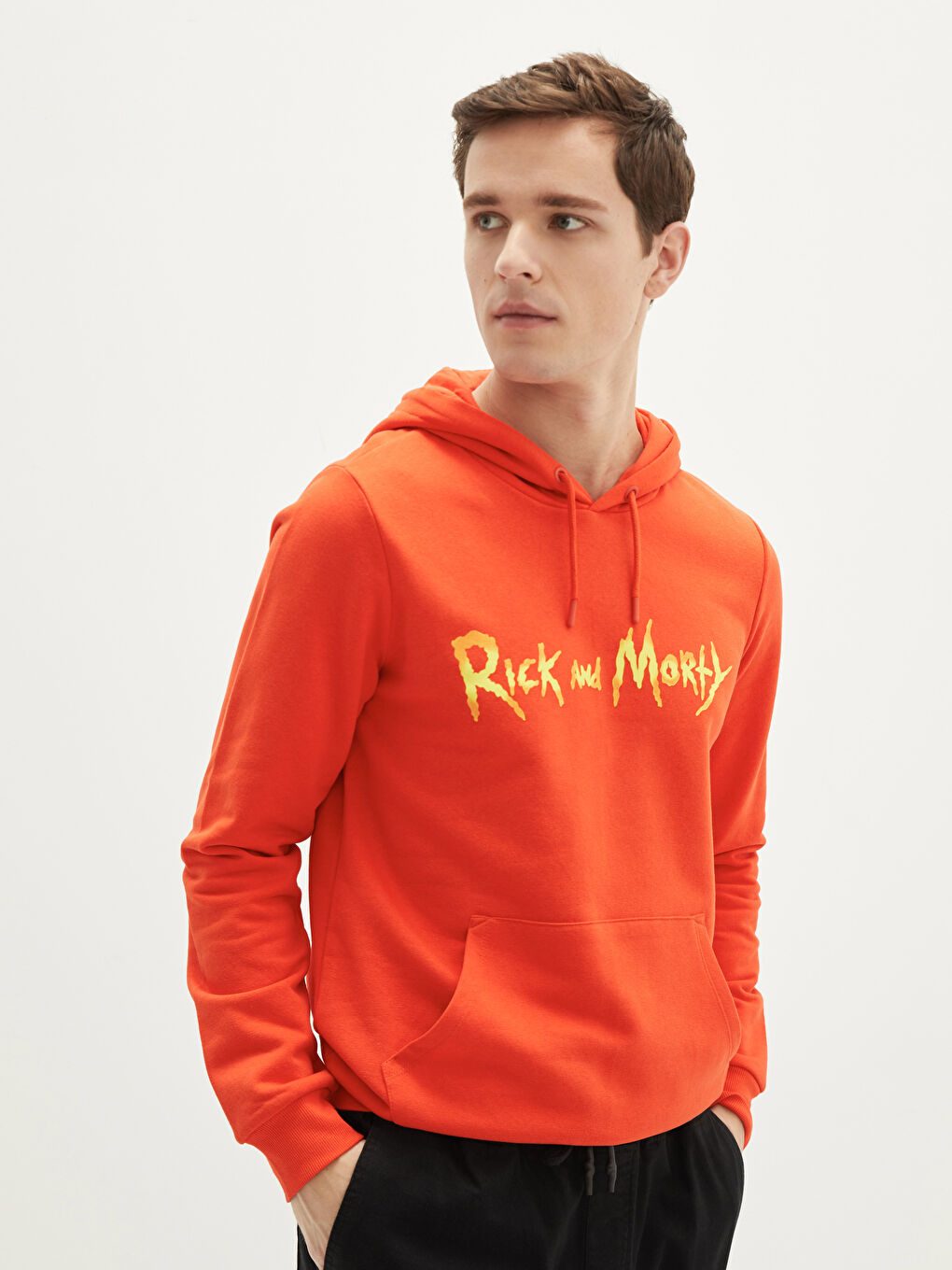 Turuncu Uzun Kollu Rick and Morty Baskılı Erkek Kalın Hoodie-2