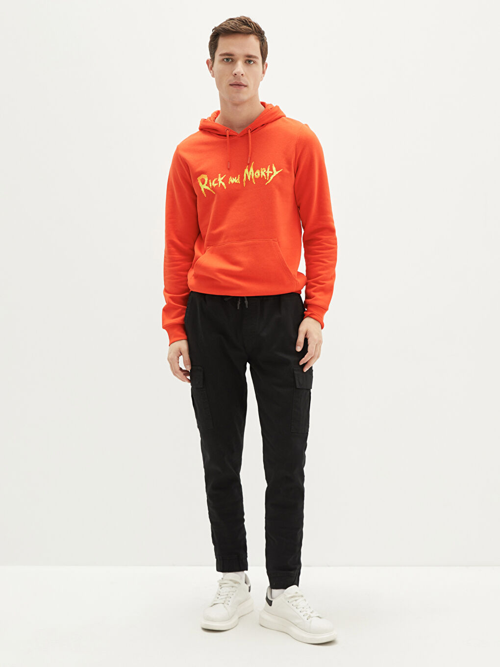 Turuncu Uzun Kollu Rick and Morty Baskılı Erkek Kalın Hoodie-3