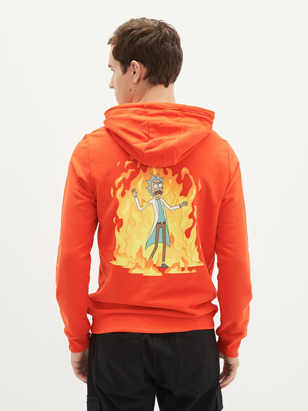 Turuncu Uzun Kollu Rick and Morty Baskılı Erkek Kalın Hoodie-4