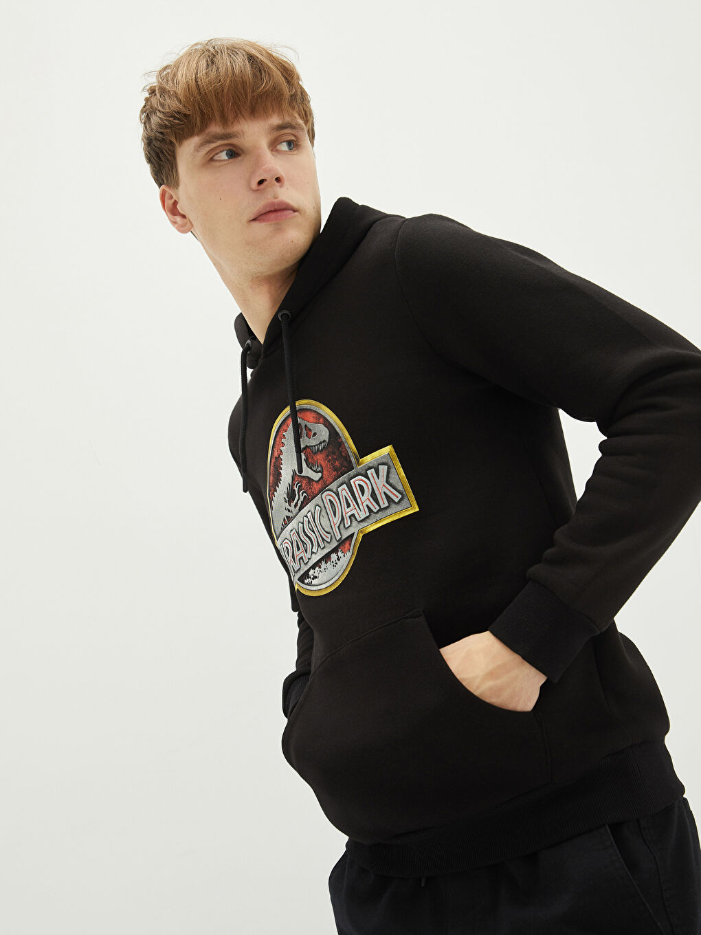 Siyah Uzun Kollu Jurassıc Park Baskılı Erkek Kalın Hoodie