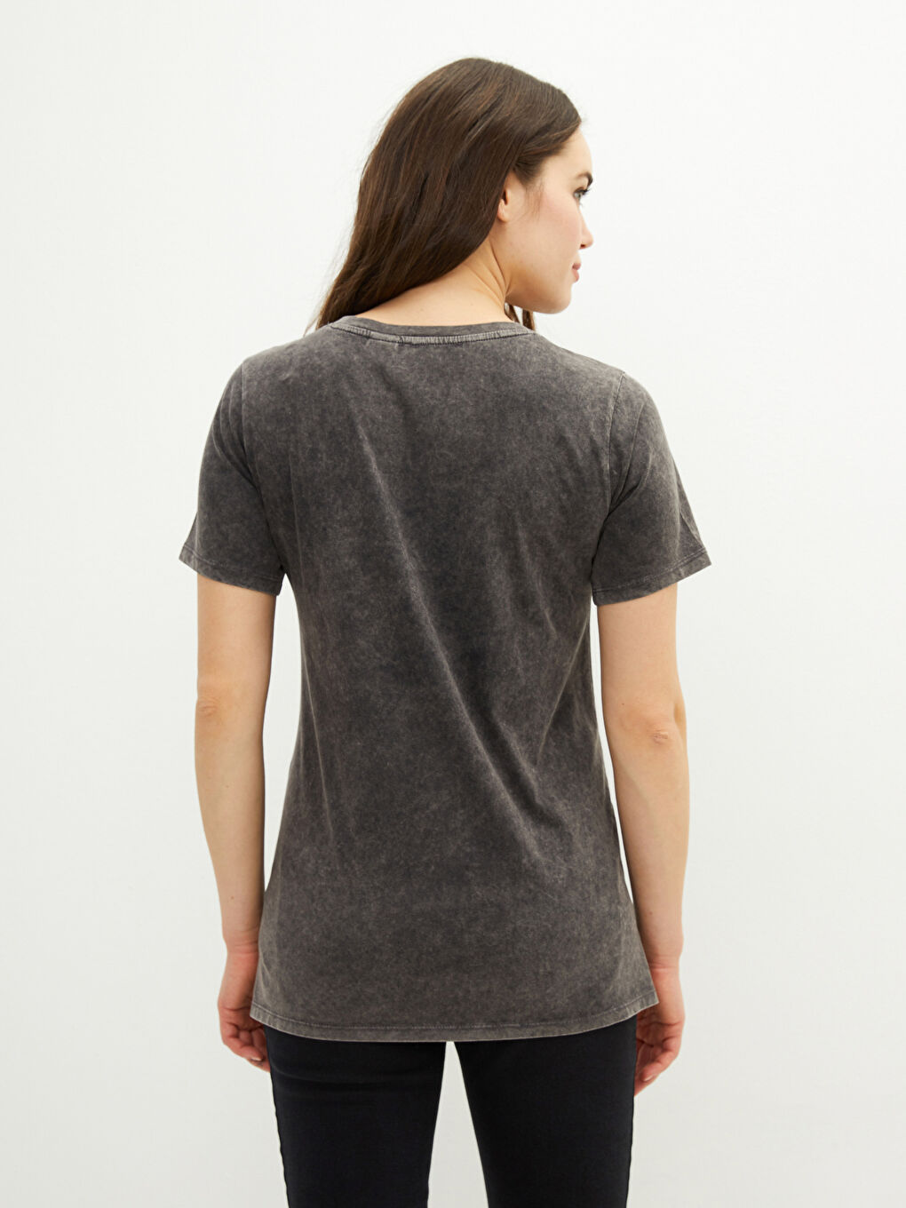 Gri Bisiklet Yaka Donald Duck Baskılı Kısa Kollu Pamuklu Hamile Tişört-4