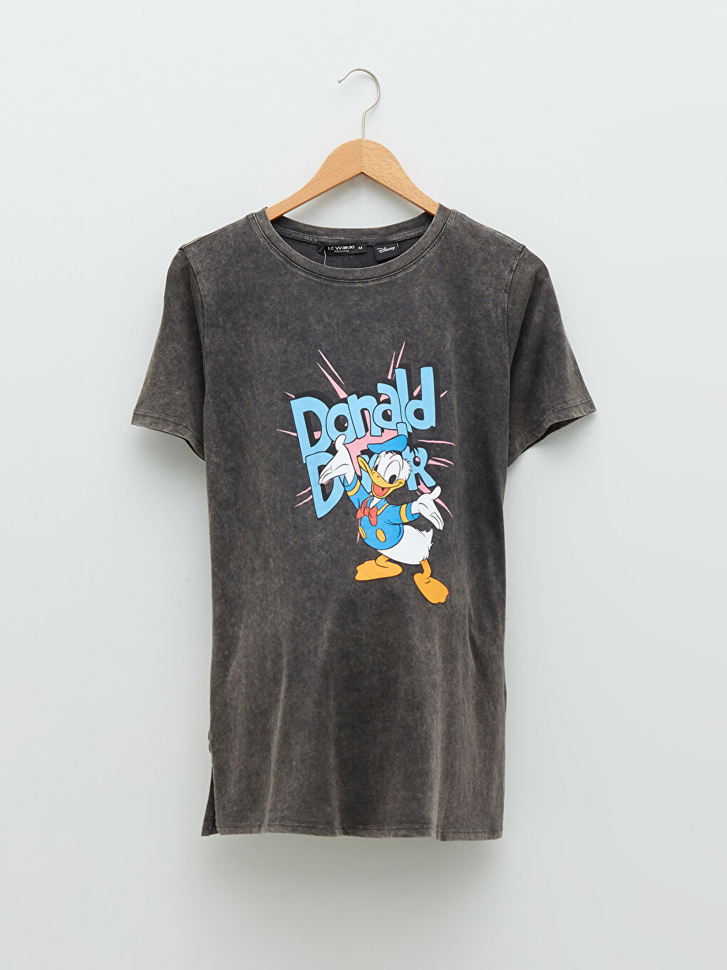 Gri Bisiklet Yaka Donald Duck Baskılı Kısa Kollu Pamuklu Hamile Tişört-5