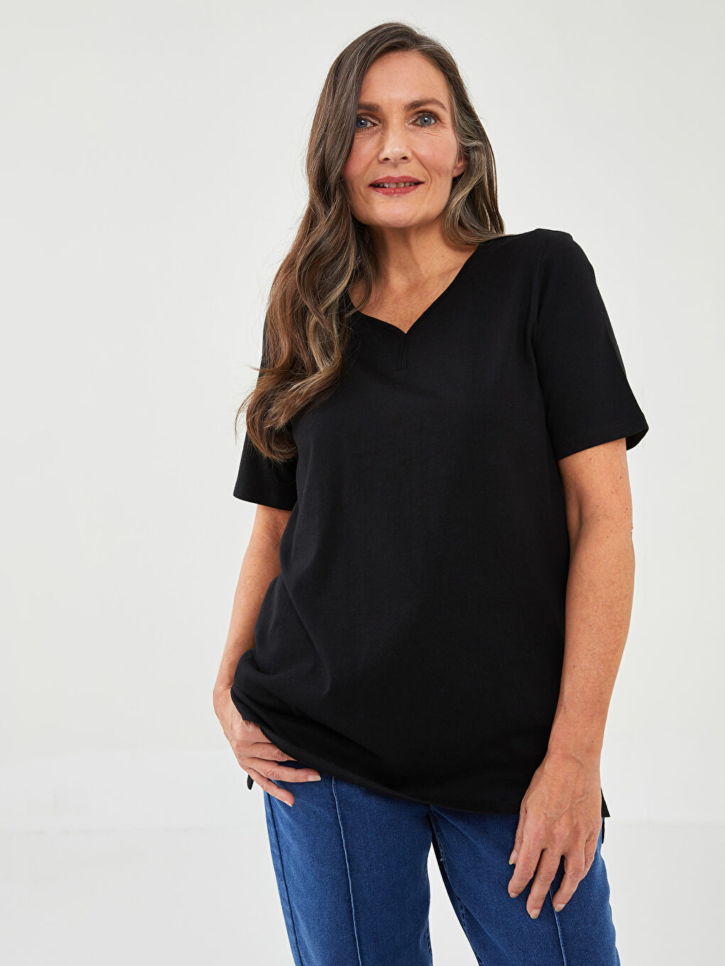 LCW Grace V-Ausschnitt Gerade Kurzarm Baumwolle T-Shirt für Damen -W1IE39Z8-CVL