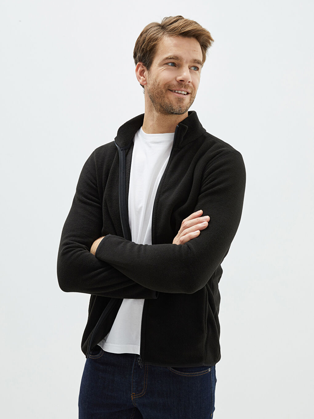 Siyah Standart Kalıp Dik Yaka Polar Erkek Spor Hırka-1