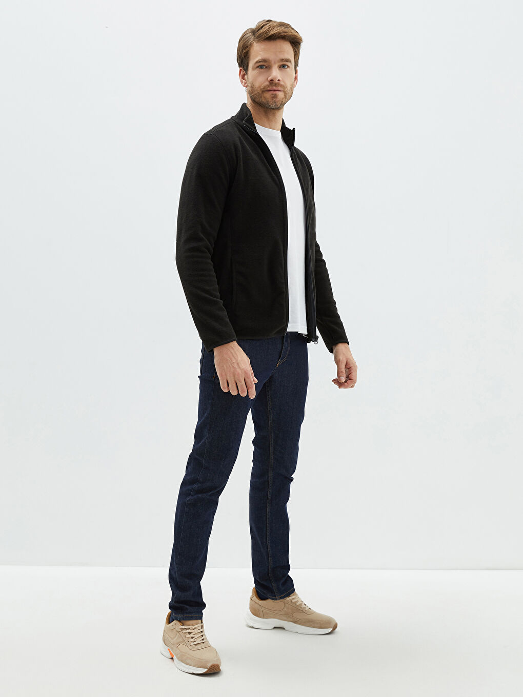 Siyah Standart Kalıp Dik Yaka Polar Erkek Spor Hırka-2