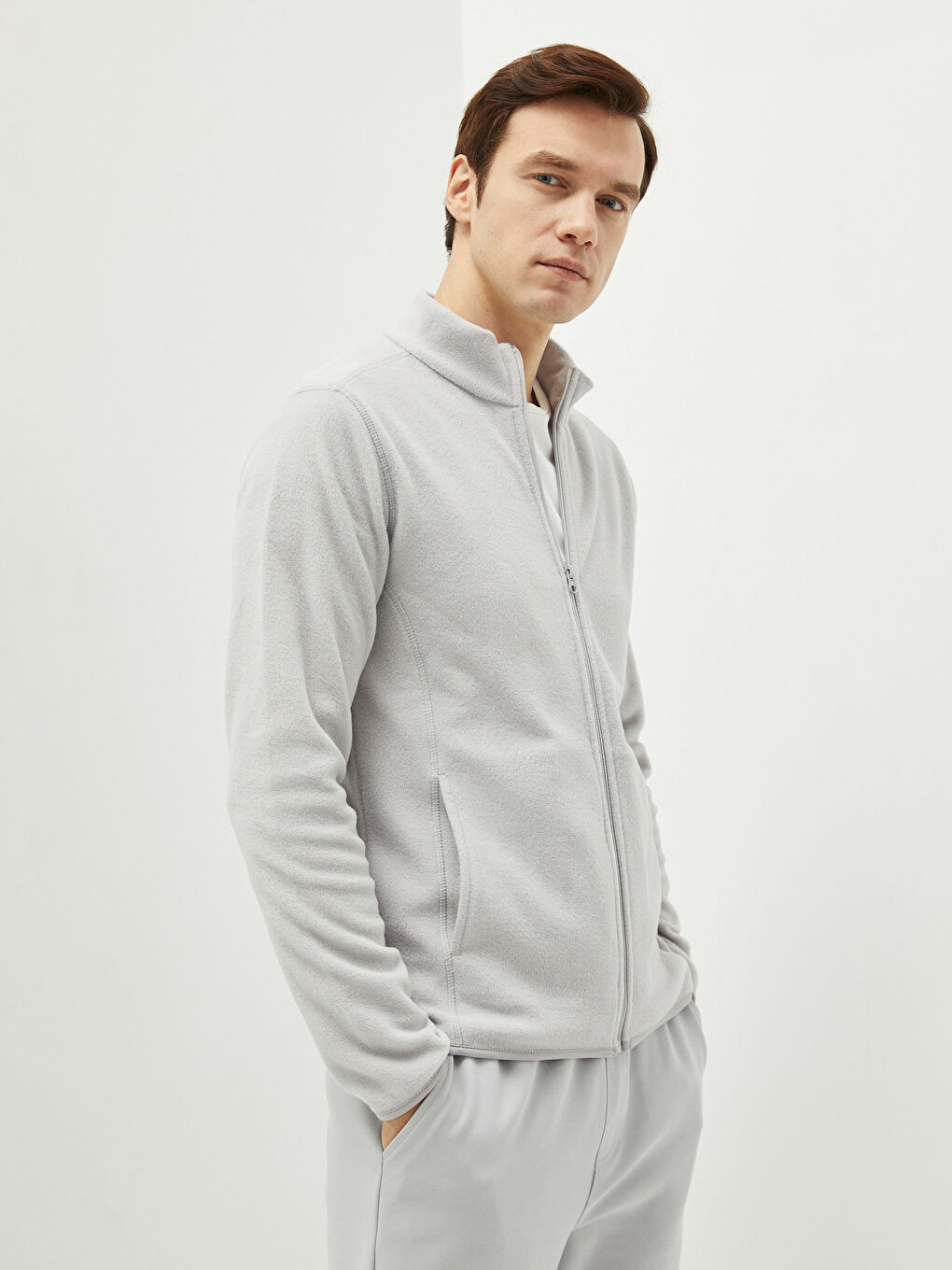 Bej Standart Kalıp Dik Yaka Polar Erkek Spor Hırka