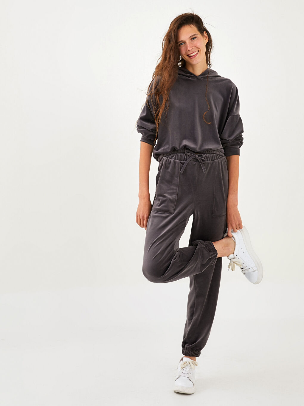 Pantaloni de Trening Jogger de Damă din Catifea cu Talie Elastică-1