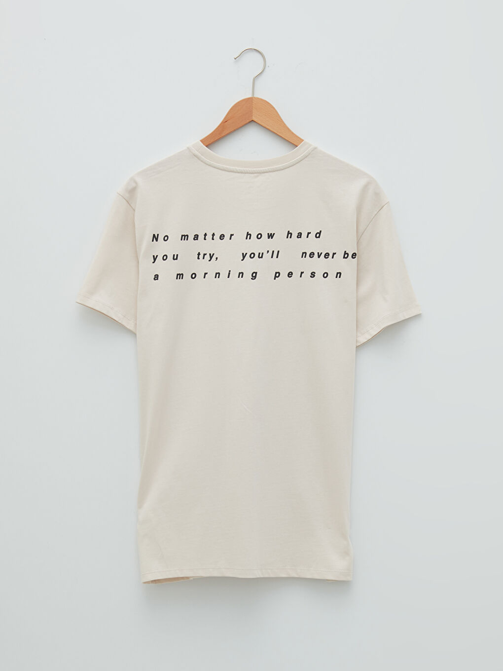 Bej Bisiklet Yaka Kısa Kollu Baskılı Penye Erkek Tişört-1