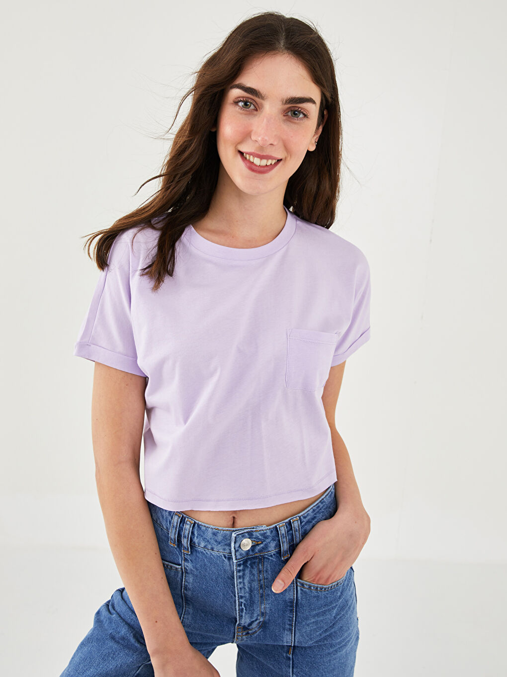 Lila Bisiklet Yaka Düz Cep Detaylı Kısa Kollu Kadın Crop-1