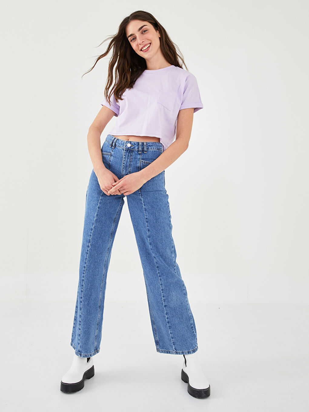 Lila Bisiklet Yaka Düz Cep Detaylı Kısa Kollu Kadın Crop-2