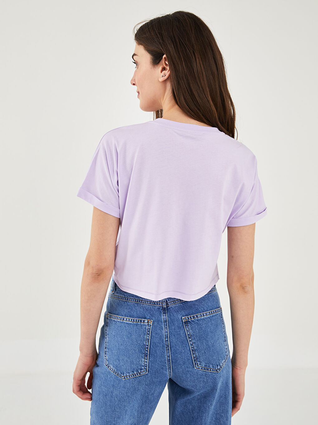 Lila Bisiklet Yaka Düz Cep Detaylı Kısa Kollu Kadın Crop-4