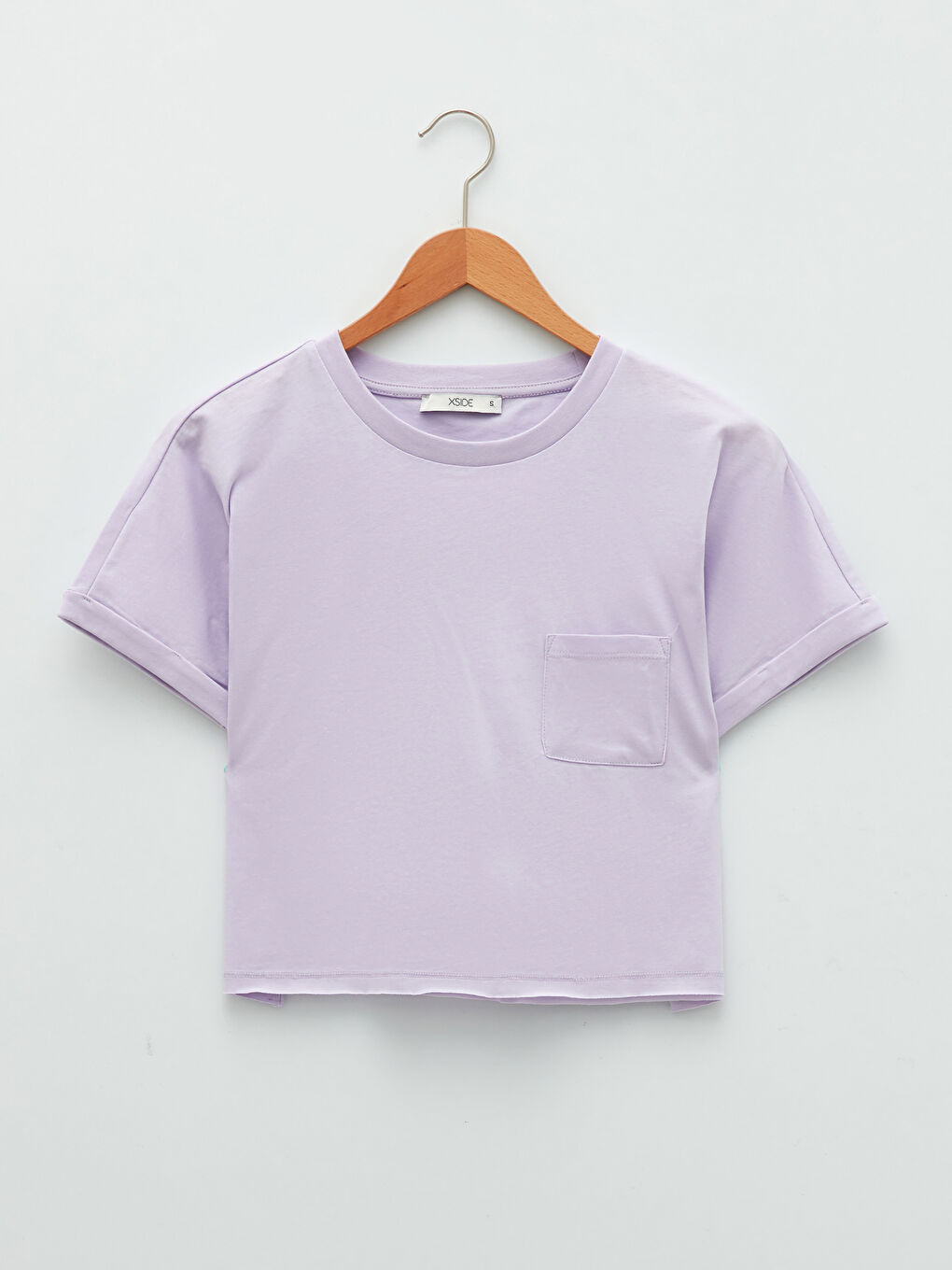 Lila Bisiklet Yaka Düz Cep Detaylı Kısa Kollu Kadın Crop-5