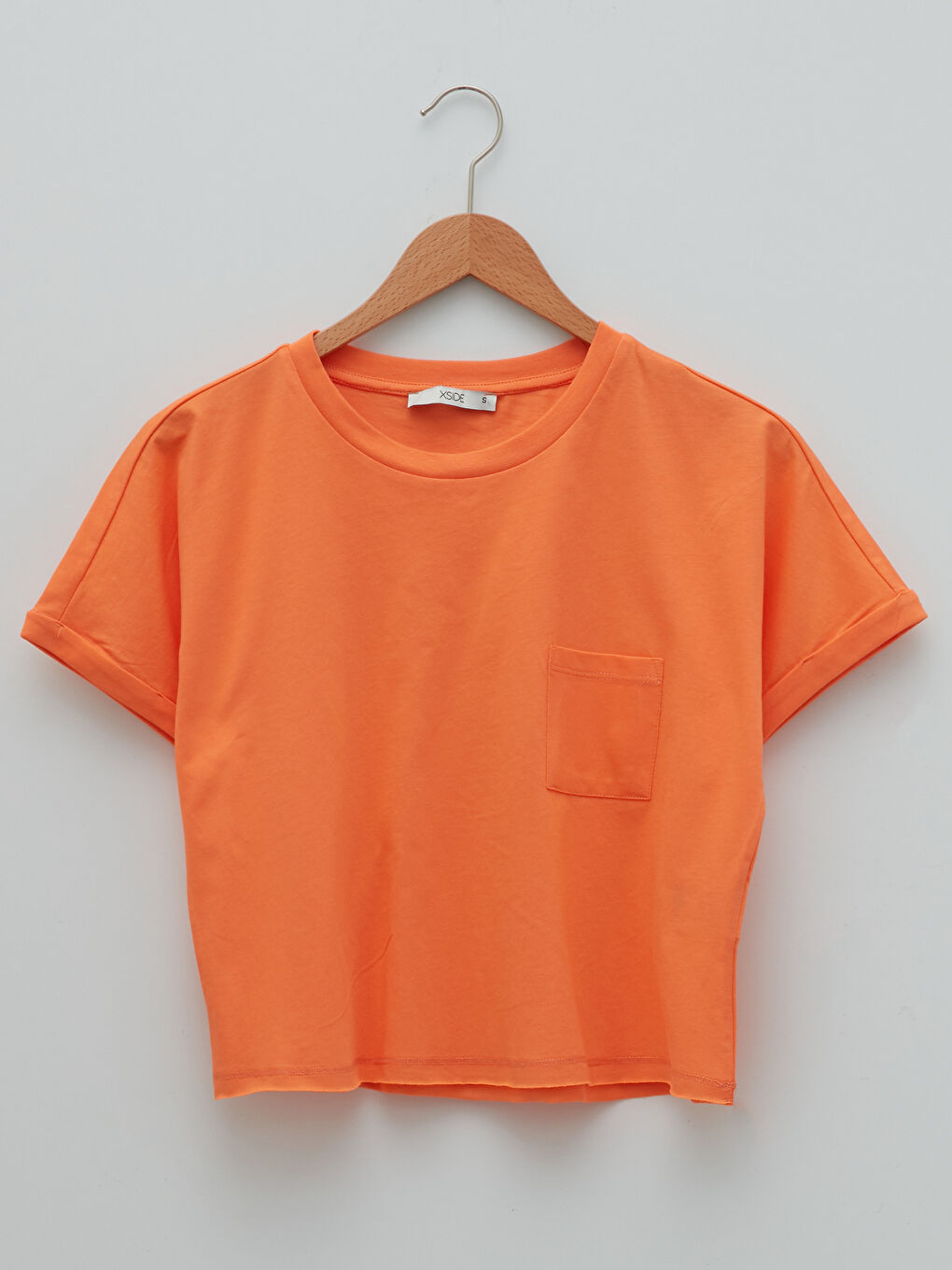 Turuncu Bisiklet Yaka Düz Cep Detaylı Kısa Kollu Kadın Crop-6