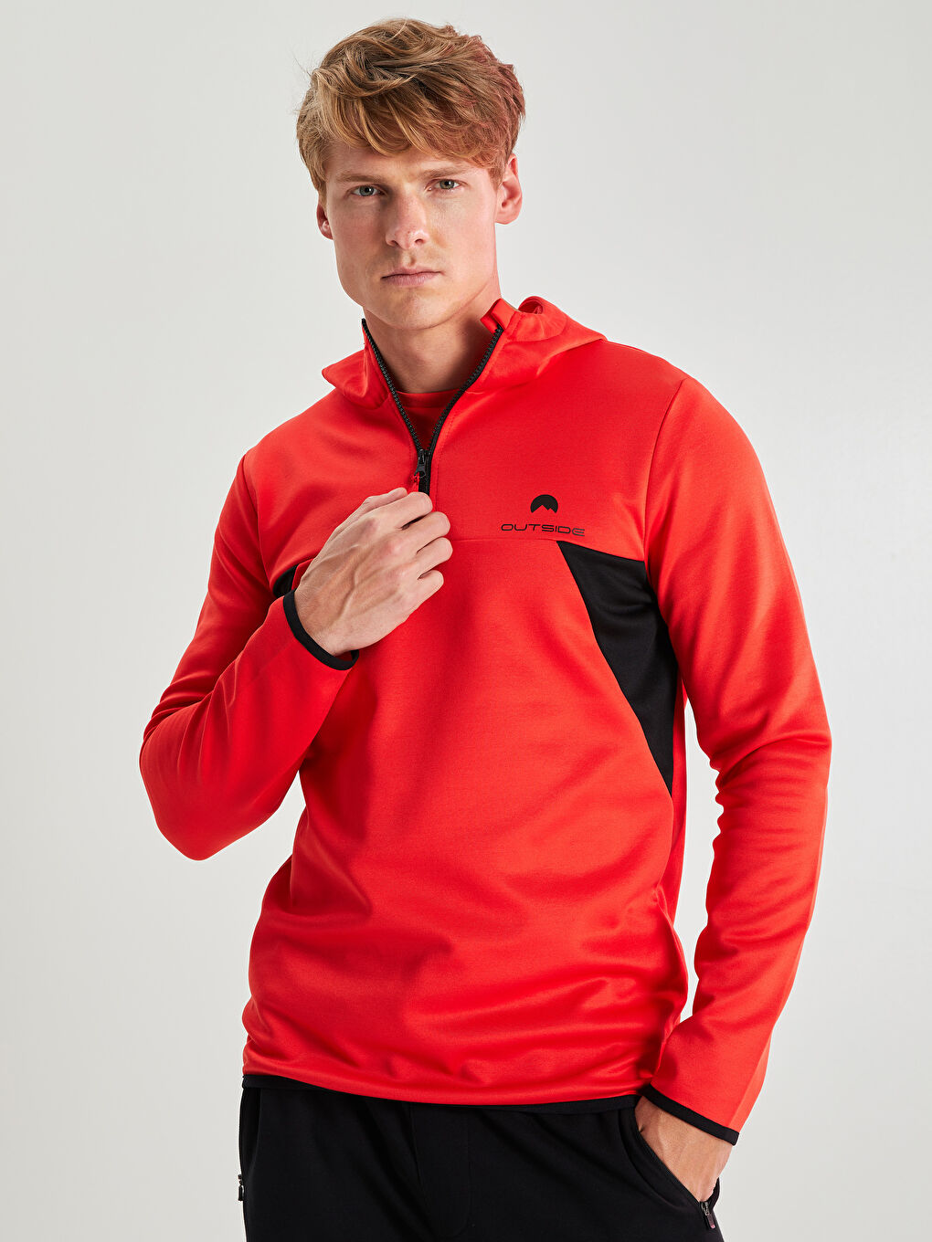 Kırmızı Uzun Kollu Renk Bloklu Erkek Spor Hoodie-1