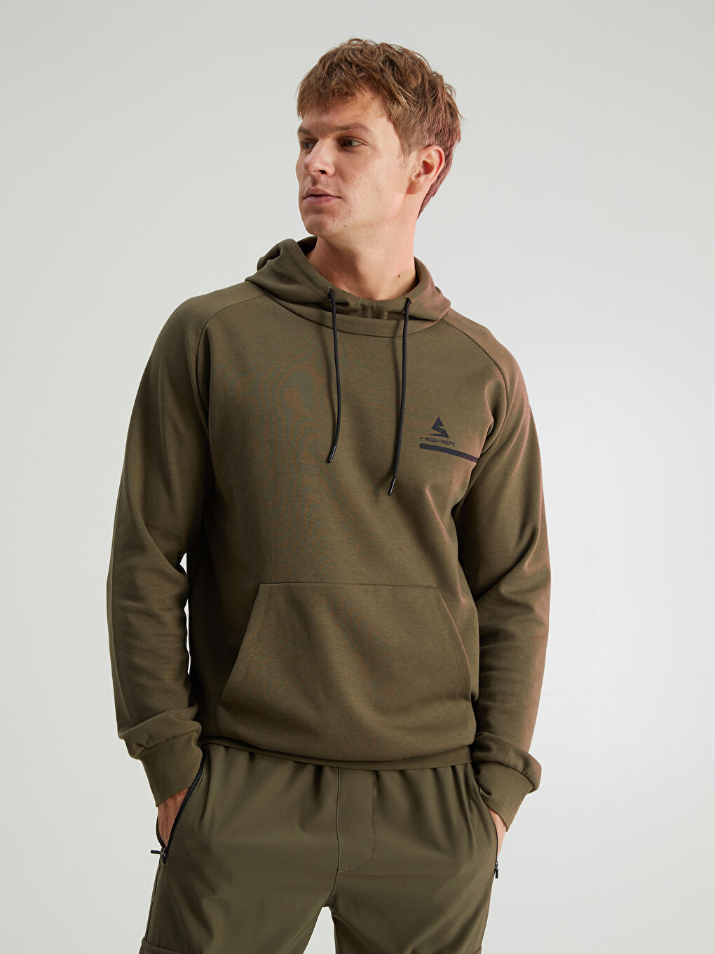 Haki Uzun Kollu Baskılı Erkek Spor Hoodie