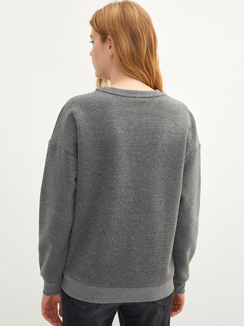 Gri Bisiklet Yaka Düz Kadın Kalın Sweatshirt-4