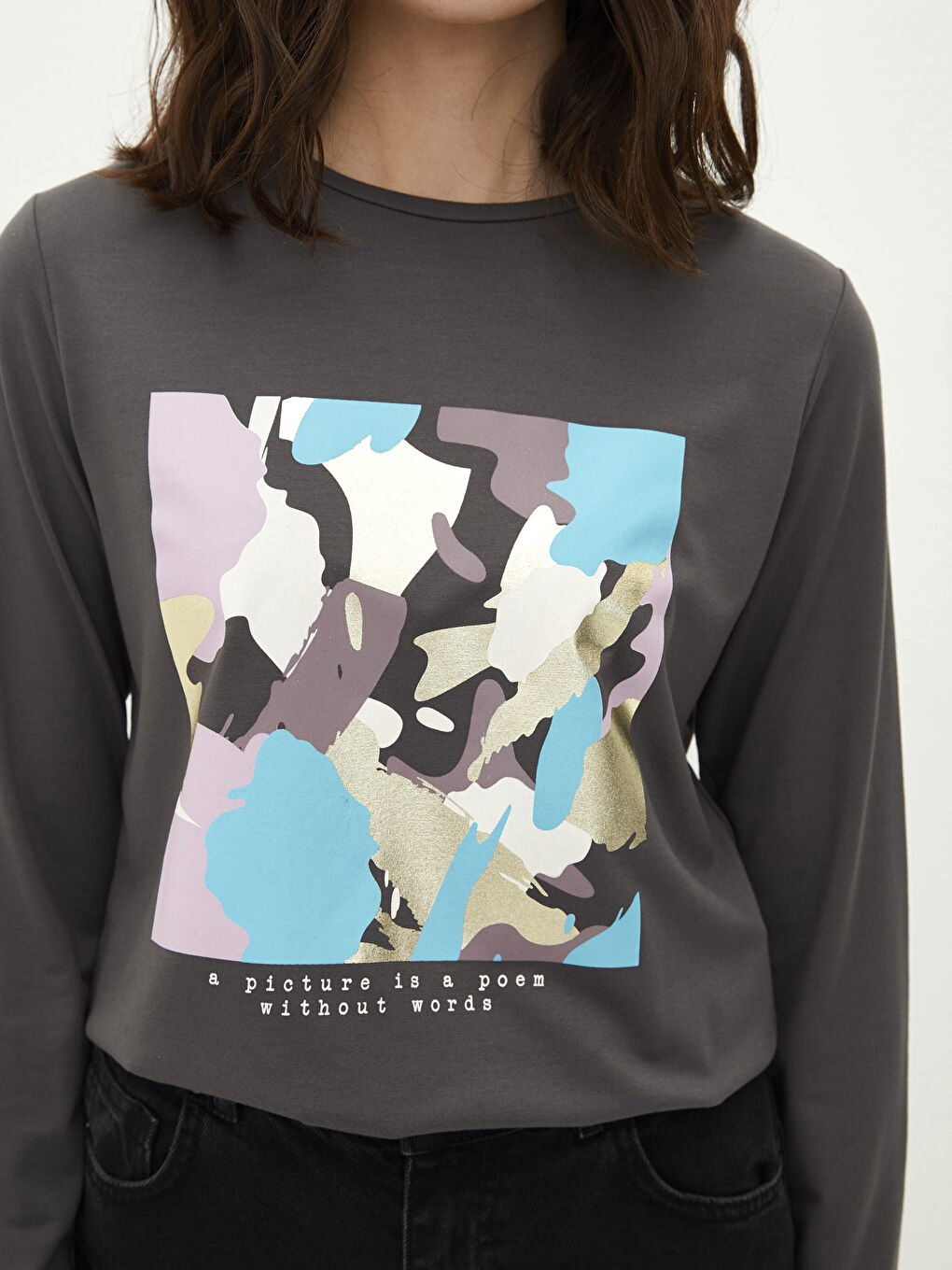 Crew Neck Printed Long Sleeve Women's T-Shirt-3